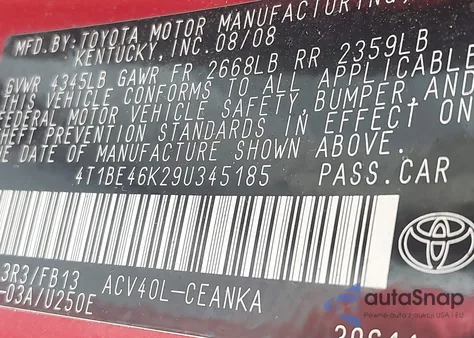 2009 Toyota Camry Le from USA, damaged, VIN 4T1BE46K29U345185